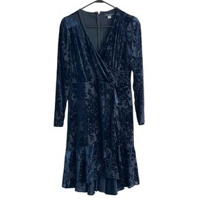 Tommy Hilfiger Women's Dress Burnout Velvet Blue Sz 10 Wrap Tiered Dark Romance